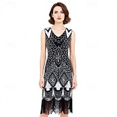 cheap Outfits-Vintage Roaring 20s 1920s Knee Length Dress Flapper Dress Gloves Sleeveless The Great Gatsby Charleston Sequins Tassel Fringe Fancy Dress Women's Halloween Carnival Cocktail Party Adults' 1 Fan Dress