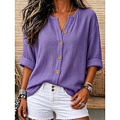  Mujer Camisas de algodón y lino Vacaciones Casual Blanco Amarillo Rosa Morado Azul claro Verano Primavera