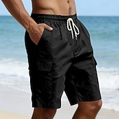 cheap Holiday-Men's Cotton Linen Shorts Shorts Summer Shorts Beach Shorts Drawstring Pocket Elastic Waist Plain Comfort Breathable Knee Length Outdoor Beach Vacation Vacation Fashion Black White Inelastic