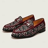 billiga Premium läder Loafers-Herrloafers i vinröda blommiga jacquardmönster med slip-on-detaljer, eleganta statement-skor för bröllopsgäster, banketter, fester, mottagningar och kvällsevenemang