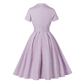 abordables Dresses-1950s Retro Vintage Midi Dress Short Sleeves With Belt Checkered / Gingham Square Neck Fancy Dress Women's Casual Dailywear Tea Party Adults' Dress Spring &amp; Summer