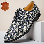 economico Scarpe Eleganti Elementari-Scarpe eleganti stringate da uomo in vera pelle blu navy con stampa a margherite, modello Oxford vintage floreale, perfette per matrimoni, balli di fine anno, cene e eventi formali.