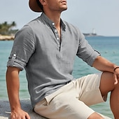 economico Vacanza-Per uomo Camicia di lino Camicia popover Camicia casual Camicia da Spiaggia Camicia con colletto alla coreana Semplice Casuale Spiaggia Nero Bianco Rosa Blu Manica Lunga Collo alla coreana Primavera