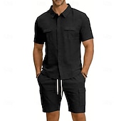 baratos Camisa Algodão Linho-Homens Camisa de linho 2 Peças Conjunto de camisa E Bermuda Cargo Calção Shorts de linho Definir Tecido Diário Ao ar livre Férias Aberto para a Lateral Manga Curta Verão Moda Casual Confortável Roupa