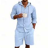 Χαμηλού Κόστους Βαμβακερό Λινό Πουκάμισο-Ανδρικά Πουκάμισο λινό 2 Κομμάτια Σετ πουκαμίσου Και Σορτσάκια Σορτς από λινό Σορτς παραλίας Σειρά Σκέτο Καθημερινά ΕΞΩΤΕΡΙΚΟΥ ΧΩΡΟΥ Διακοπές Με Κουκούλα Μακρυμάνικο Καλοκαίρι Άνοιξη