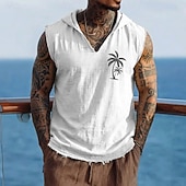 abordables T-shirts tropicaux de vacances-Chaleco con capucha sin mangas para hombre, estilo bohemio tropical costero, con estampado de palmeras, de algodón y lino, con dobladillo deshilachado, corte holgado, ideal para la playa, vacaciones