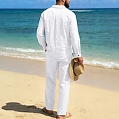abordables Chemises lin et coton-Homme Chemise en lin Deux pièces Ensemble Chemise Et Pantalons en Lin Pantalons Pantalon décontracté Set Uni Quotidien Extérieur Plage Col Rabattu manche longue Été Printemps Mode Occasionnel