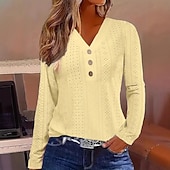 cheap Plain tee-Women's T Shirt Eyelet top Tee Top Buttons Plain Fashion Classic Casual Long Sleeve V Neck Regular Tops Daily Going out Weekend White Yellow Pink Sky Blue Summer Spring