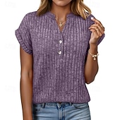 economico T-shirt semplice-Per donna Maglietta Bottoni Tinta unica Moda Classico Casual Manica Corta Scollo a V Top Regolari Quotidiano Uscire Weekend Blu Nero Verde militare Grigio Estate Primavera