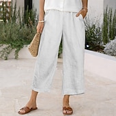 cheap Bottoms-Women's Linen-feel Pants Capri Pants Trousers Summer Shorts Vacation Fashion Basic Full Length High Waist Solid Color Plain Pocket Wide Leg Elastic Waistband Comfort Soft Breathable Inelastic