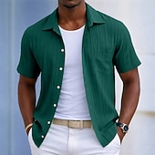 voordelige Men's Button Up Shirts-Men's Shirt Casual Shirt Beach Shirt Button Up Shirt Jacquard Shirt Black White Light Green Wine Blue Short Sleeve Solid Color Plain Lines / Waves Lapel Casual Streetwear Pocket Clothing Apparel