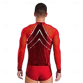 cheap Tops &amp; Sets-Men's Red Rhinestone Latin Dance Bodysuit Deep V Mesh Long Sleeve Ballroom Performance Costume