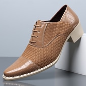 cheap Oxford Shoes-Men's Tan Woven Oxford Shoes Lace-Up Croc-Embossed Formal Dress Shoes Business Footwear for Weddings, Office, Banquets, Parties, Church and Refined Gentleman Style