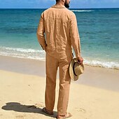 abordables Chemises lin et coton-Homme Chemise en lin Deux pièces Ensemble Chemise Et Pantalons en Lin Pantalons Pantalon décontracté Set Uni Quotidien Extérieur Plage Col Rabattu manche longue Été Printemps Mode Occasionnel