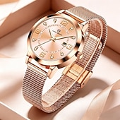 economico Orologi al quarzo-Orologio da donna in oro rosa, impermeabile, con cinturino in maglia d'acciaio inossidabile, elegante quadrante a raggiera e datario. &amp;diamanti, orologio elegante da lavoro, regalo per anniversario