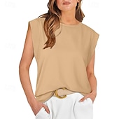 baratos Tanque Simples-Mulheres Camiseta Côr Sólida Clássico Casual Sem Manga Gola Redonda Tops regulares Diário Para Noite Final de semana Preto Branco Vinho Verde Escuro Damasco Verão Primavera
