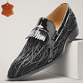voordelige Premium leren loafers-Premium herenloafers van echt zwart lakleer met spitse neus en franjes, geschikt voor zakenlieden, bruiloftsgasten, banketten, feesten en luxe avondkleding.