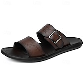 baratos Sandálias e Chinelos para Homem-Men's Brown Double Strap Slide Sandals Adjustable Buckle Open-Toe Comfort Summer Footwear Lightweight Casual Beach Shoes for Island &amp; Cruise, Seaside Travel, Deck Walks and Resort Leisure
