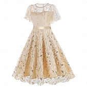 cheap Dresses-1950s Retro Vintage Midi Dress Swing Dress Flare Dress Short Sleeves Embroidered Leaf Fit &amp; Flare Swing Round Neck Fancy Dress Women's Casual Evening Party Tea Party Adults' Dress Spring &amp; Summer