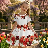 cheap 3D Flower Dress-Girls' 3D Floral Graphic Dress Short Sleeve 3D Print Summer Spring Daily Vacation Party Cute Basic Casual Kids 4-12 Years Casual Dress A Line Dress Knee-length Regular Fit