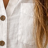 cheap Plain Blouses-Women's Shirt Casual Shirt Button Up Shirt Faux Cotton Linen Pocket Buttons Solid Color Plain Elegant Vacation Fashion Long Sleeve Stand Collar Regular Tops Daily Streetwear Holiday White Summer