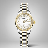 baratos Relógios Quartz-Relógio feminino de luxo, com bisel de diamantes, em aço inoxidável dourado e rosé, elegante e moderno, com janela de dia e data, joia à prova d'água para presentear sua mãe ou esposa.