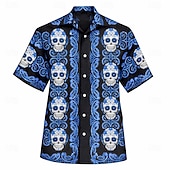 voordelige Vintage overhemd-Cinco de Mayo Voor heren Calavera Mexico Doodskoppen Overhemd Overhemd met knopen Kampshirt Korte mouw Vintage Retro Streetwear Vakantie Zomer Lente Cubaanse kraag 3D-afdrukken blauw Rood Paars Groen