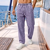 abordables pantalones casuales-Pantalones softfade™ para hombre, pantalones casuales de verano, pantalones vaqueros 100% algodón, cintura elástica con cordón, pierna recta, lisos, cómodos, transpirables, largos, casuales, para uso diario, actividades al aire libre, vacaciones.