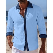 billiga Semester-Men's Shirt Linen Shirt Summer Shirt Beach Wear Beach Shirt Button Up Shirt Color Block Vacation Holiday Blue Black White Pink Long Sleeve Turndown Summer Spring Clothing Apparel Patchwork