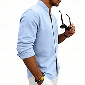 baratos Clássico-Homens Camisa Social Camisa de linho camisa de verão camisa de praia Tecido Casual Férias Preto Branco Rosa Azul Marinha Manga Longa Faixa Verão Primavera Roupa Bolsos