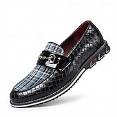 baratos Mocassins casuais-Mocassins masculinos pretos xadrez trançados, com detalhe metálico, estilo slip-on, ideais para ocasiões formais como casamentos, escritório, banquetes, festas e eventos corporativos.