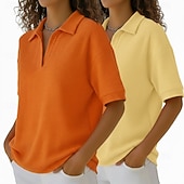  Набор из 2 женских футболок-поло с вафельной текстурой, вафельные трикотажные топы, простые, модные, классические, с коротким рукавом, с воротником, обычные, повседневные, пляжные, желто-оранжевые.