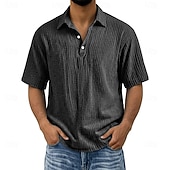 abordables Clásico-Men's Shirt Popover Shirt Summer Shirt Beach Wear Cotton Linen Shirt Button Up Shirt Solid Color Casual Vacation Blue Black Navy Blue Purple Short Sleeve Shirt Collar Summer Spring Clothing Apparel
