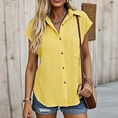 cheap Plain Blouses-Women's Shirt Cotton Linen Shirts Beach Shirt Button Up Shirt Solid Color Plain Vacation Fashion Casual Sleeveless Turndown Regular Tops Streetwear Beach Holiday White Yellow Orange Light Blue Summer