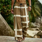 cheap Men's Printed Casual Pants-Men's Geometric Color-blocking Trousers Casual Pants Baggy Pants Mid Waist Boho Home Outdoor Vacation Elastic Drawstring Waist Linen-Like Pants with Pockets Summer Spring 3D Print Black Red Green