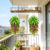 abordables Plantas y Vegetación Artificial-Juego de 3 helechos artificiales verdes con borlas rojas, plantas colgantes para armar tú mismo, ramos de helechos colgantes biónicos realistas, ideales para la decoración del hogar, el porche y el