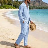 abordables Chemises lin et coton-Homme Chemise en lin Deux pièces Ensemble Chemise Et Pantalons en Lin Pantalons Pantalon décontracté Set Uni Quotidien Extérieur Plage Col Rabattu manche longue Été Printemps Mode Occasionnel