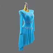 voordelige wedstrijd jurk-Sky Blue Latin Dance Dress - Long Sleeve Mesh Performance Costume with Rhinestones &amp; Lace Applique