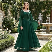 levne Šaty-Středověké Renesanční ozdobný Po kotníky Šaty Dlouhé rukávy Víla Korzet Pevná barva Maškarní kostým Dámské Fantazie předvečer Všech svatých Karneval Plesová maškaráda Renesanční jarmark Retro