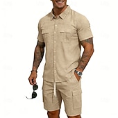 baratos Camisa Algodão Linho-Homens Camisa de linho 2 Peças Conjunto de camisa E Bermuda Cargo Calção Shorts de linho Definir Tecido Diário Ao ar livre Férias Aberto para a Lateral Manga Curta Verão Moda Casual Confortável Roupa