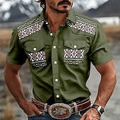 abordables camisas occidentales de los hombres-Hombre Diseño Geométrico Étnico camisa occidental Camisas de trabajo Camisa vaquera Manga Corta occidental retro de la vendimia Casual Exterior Para trabajo Verano Primavera Cuello Vuelto Impresión