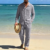 abordables Chemises lin et coton-Homme Chemise en lin Deux pièces Ensemble Chemise Et Pantalons en Lin Pantalons Pantalon décontracté Set Uni Quotidien Extérieur Plage Col Rabattu manche longue Été Printemps Mode Occasionnel