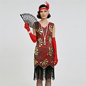 voordelige Outfits-Roaring jaren '20 Jaren 1920 Retro vintage Tot de knie Flapper jurk Handschoenen Ketting Mouwloos The Great Gatsby Charleston Pailletten V-hals Kostuum Dames Halloween Carnaval Feesten &amp; Uitgaan