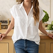 abordables Blouses Unies-Femmes Chemise Chemise d'été Chemise Décontractée Hauts en mousseline de soie Avec Poches Boutons Couleur Unie Uni Élégant Vacances Mode Manche Courte Col Rabattu Hauts Réguliers Quotidien Vêtements
