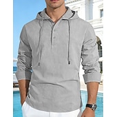 tanie Casualowa koszulka Henley-Męskie Koszula bawełniano-lniana Podkoszulek Koszula Henley Koszulka z długim rękawem Długi rękaw Kaptur Wiosna Jesień Równina Moda Moda miejska Codzienny Ściągana na sznurek Guziki Codzienny Urlop
