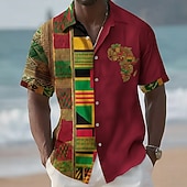 billige Vintage skjorte-Juneteenth Herre Stamme Kart Etikk / afrikansk Skjorte Sommerskjorte Skjorte med knapper Kortermet Vintage retro Ferie Sommer Vår Aftæpning 3D-utskrift krage skjorter Blå Rød Kakifarget Svart