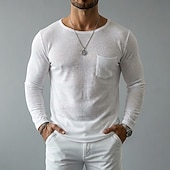 economico T-shirt in Cotone e Lino-Per uomo Maglietta in lino Manica Lunga A barca Primavera &amp; Estate Estate Primavera Tinta unica Semplice Vintage Stile Boho Casual Tasca Puro Casuale Vacanza Streetwear Blu Nero Bianco Maglietta Top