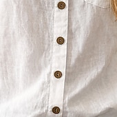 cheap Plain Blouses-Women's Shirt Casual Shirt Button Up Shirt Faux Cotton Linen Pocket Buttons Solid Color Plain Elegant Vacation Fashion Long Sleeve Stand Collar Regular Tops Daily Streetwear Holiday White Summer