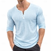 halpa Rento Henley T-paita-Miesten T-paidat Pellava T-paita Pitkähihainen Yhtenäinen väri Tavallinen Solid Color Loma Vapaa-aika Napit Perus Henley Kausaliteetti Päivittäin ulko- Kevät kesä Kesä Kevät Sininen Musta