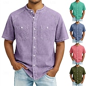halpa Miesten Smart Casual -paidat-SoftFade™ Miesten Paita Rento Paita Napitettava Paita 100% Puuvillaa Happopesu Paita Musta Vaaleanvihreä Vaaleanpunainen Purppura Khaki Lyhythihainen Yksinkertainen Isoisän Kaulus Rentoon